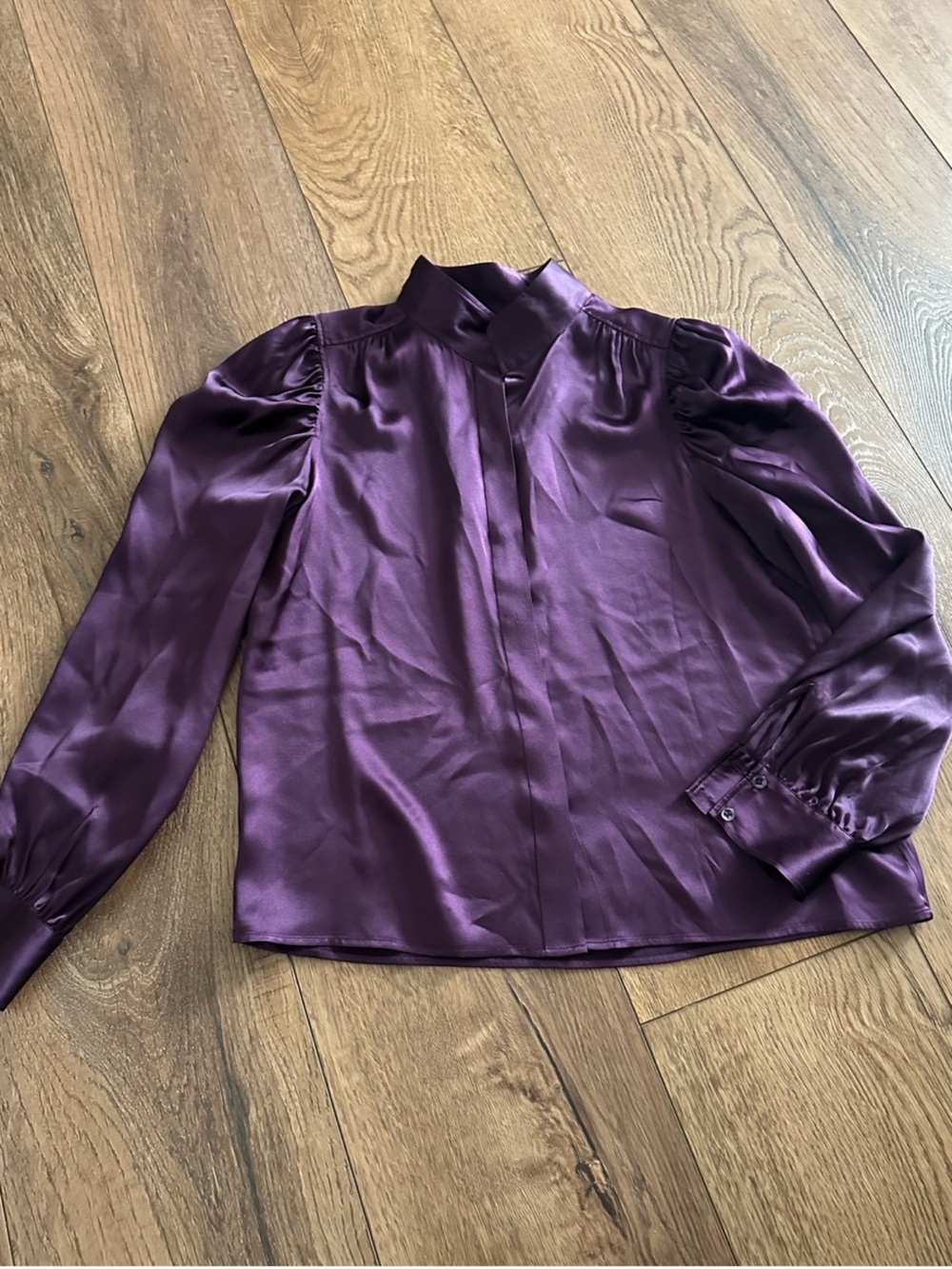 Frame Denim Deep Plum Satin Mock-Neck Blouse